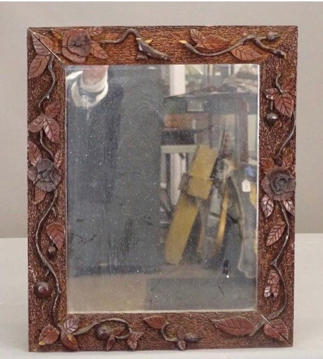 Folk Art Mirror Antique Wood Frame Embellished Cut Outs Dark Oak, Clear