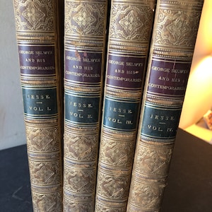 Antiguo 1844 George Selwyn Cuatro volúmenes Memorias y notas encuadernadas en cuero de John Heneage Jesse curiosa vida del político inglés ilustrado