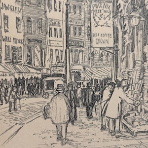 May include: A black and white drawing of a busy street scene in a city. The drawing shows people walking, a horse-drawn carriage, and buildings with storefronts. One storefront advertises "Phoenix Coffee Mix" and "Best Coffee Crown".