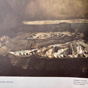 May include: A painting of a man lying on a bed with a patchwork quilt. The man is wearing a dark shirt and trousers. The room is dimly lit and the walls are a pale brown. The painting is titled "Garret Room" and is dated 1962. The painting is by Andrew Wyeth.
