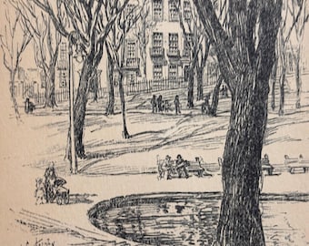 Lester Hornby Boston Beacon Hill / Desde el estanque de las ranas Litografía original enmarcada publicada en la década de 1920 / Boston Common / Gran recuerdo