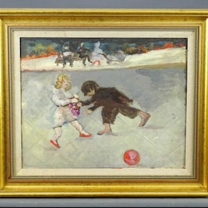 May include: Oil painting in a gold frame depicting two children playing with a red ball on a paved surface. The painting has a light color palette with a park scene in the background.