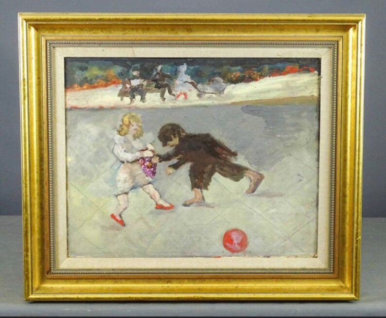 May include: Oil painting in a gold frame depicting two children playing with a red ball on a paved surface. The painting has a light color palette with a park scene in the background.