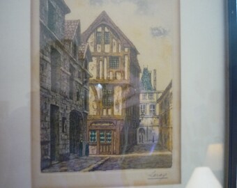 Jules Leray French Street scene Framed signed aquatint etching 1880 with Antique oak frame gift for art lovers. Ready to Hang