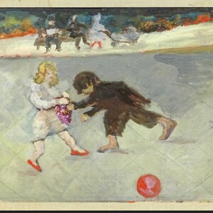 May include: An oil painting depicts two children playing on a gray tiled surface. One child, in white, holds purple grapes, while the other, in brown, reaches out. A red ball with a face is on the ground.