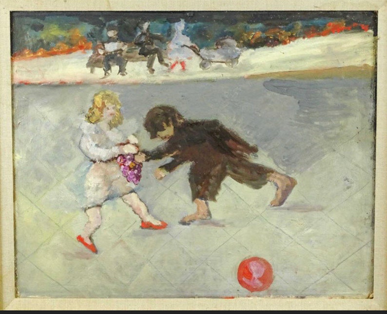 May include: An oil painting depicts two children playing on a gray tiled surface. One child, in white, holds purple grapes, while the other, in brown, reaches out. A red ball with a face is on the ground.