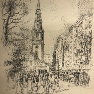 May include: A black and white pencil drawing of a church with a tall steeple in a city setting. The church is surrounded by buildings and people are walking in the street.