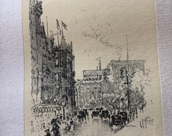 Lester Hornby Boston Tremont Street Looking toward Boylston | Framed Original Published Lithograph 1920s 7 by 5 inches Beautiful sketch