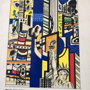 May include: A book cover with a colorful abstract painting of a city skyline. The painting features a Statue of Liberty, buildings, and geometric shapes in shades of blue, yellow, red, black, and white. The title of the book is "Art of the Forties" and the book is from The Museum of Modern Art, New York.