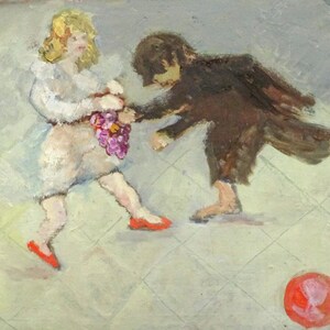 May include: An oil painting depicts two figures on a tiled floor. One figure, with blonde hair and a white outfit, holds purple grapes. The other figure, in a dark coat, reaches out. A red ball is in the foreground.