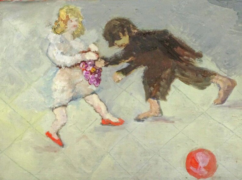 May include: An oil painting depicts two figures on a tiled floor. One figure, with blonde hair and a white outfit, holds purple grapes. The other figure, in a dark coat, reaches out. A red ball is in the foreground.
