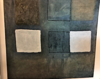 May include: Abstract painting with a dark blue background and squares of different colors, including white, light blue, dark green, and brown.