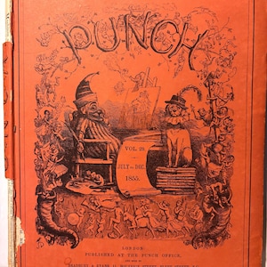 Punch Magazine 1855 Oprawa twarda Przedruk satyryczny magazyn Rzadkie reklamy pamiątkowe, karykatury Satyra polityczna. Aktualne wydarzenia| Wojna krymska