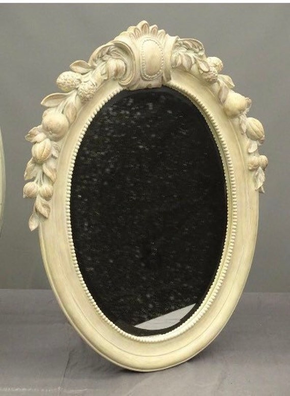 Cottage style Mirror with Decorative Fruit Garland Statement Piece 27 inch white wood frame painted up-cycled shabby chic wall decor