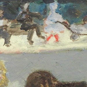 May include: An impressionistic painting depicting a park scene with figures. The artwork features a child in a white dress with red accents, a baby carriage, and other indistinct figures. The color palette includes blues, whites, and browns.