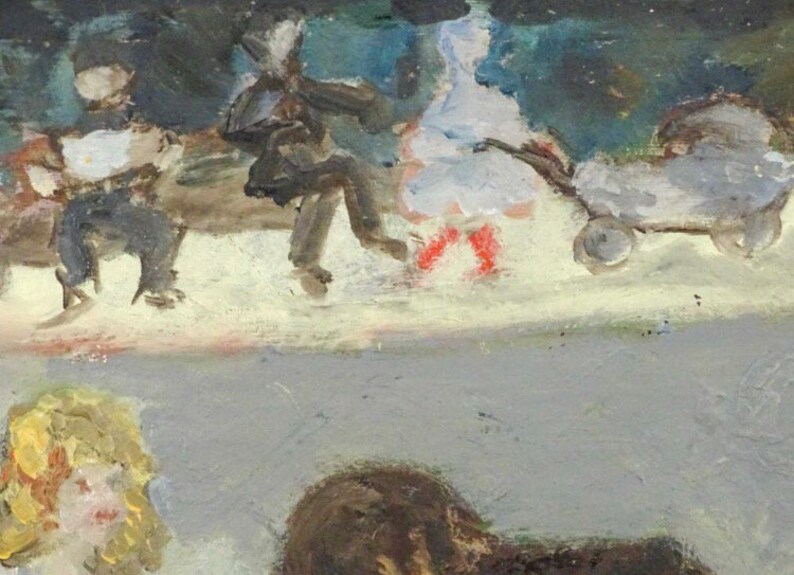 May include: An impressionistic painting depicting a park scene with figures. The artwork features a child in a white dress with red accents, a baby carriage, and other indistinct figures. The color palette includes blues, whites, and browns.
