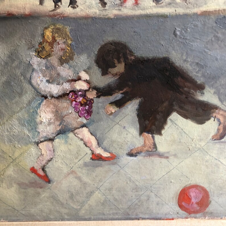 May include: An oil painting depicts two figures in a playful interaction. One figure, in a white dress and red shoes, holds purple flowers. The other figure, in a dark coat, reaches out. A red circle is on the floor.
