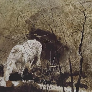 May include: Watercolor painting of a white horse grazing in a muted, sepia-toned landscape. The horse is the focal point, surrounded by bare trees and a dark, shadowy background. The artwork evokes a sense of tranquility.