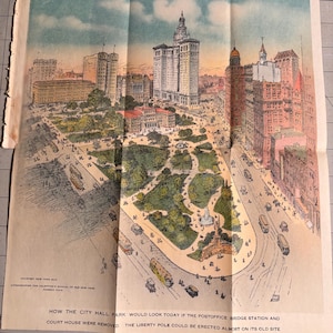 May include: A folded vintage lithograph showing an aerial view of City Hall Park, New York. The illustration, in green, brown, and beige, depicts buildings, streets, and a park with a fountain. Text at the bottom reads, "HOW THE CITY HALL PARK WOULD LOOK TODAY..."