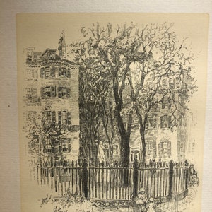 May include: A black and white drawing of a house with a fence and a tree in front of it. A small figure is standing in the yard.