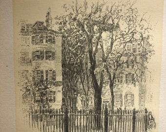 Lester Hornby Boston Louisburg Square Beacon Hill / Litografía original publicada enmarcada, década de 1920 / Hermoso boceto