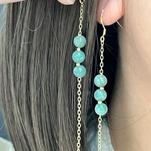 Lucky Oriental Gift Earrings Handmade Long Jade Agate  Dangle Earrings Birthday Gift for her 8cm Gold Chain Earrings 6mm Natural Jade Beads