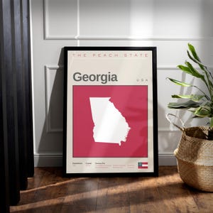 Póster de arte de pared minimalista de Georgia en rojo: contorno del estado y símbolo famoso, impresión vertical mate, regalo para entusiastas de la geografía, decoración del hogar