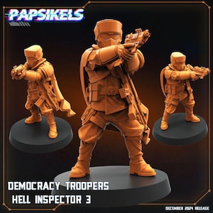 May include: Three orange-toned miniature figures of soldiers, each holding a weapon. The figures are on black bases. The text "Papsikels" is at the top, with "Democracy Troopers Hell Inspector 3" at the bottom. The release date is December 2024.
