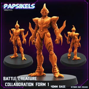 May include: Orange-colored Battle Creature Collaboration Form 1 figurines on black bases. The figures have a humanoid form with sharp, blade-like appendages. The text "PAPSIKELS" and "BATTLE CREATURE COLLABORATION FORM 1" are visible. The base is 40mm.