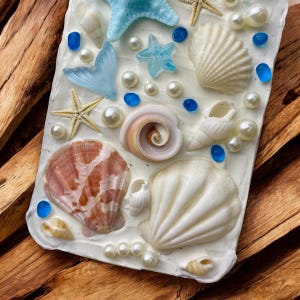 May include: A white background with a variety of seashells, starfish, and blue glass beads. The seashells are in various shapes and sizes, and the starfish are in different colors. The blue glass beads are scattered throughout the background.