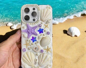Purple seashell phone case gift for her, Decoden iPhone case, beach phone case daughter gift, ocean phone cover, starfish phone case