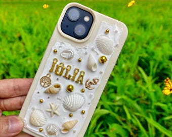 Custom Name Seashell Phone Case Valentine gift for her, Handcrafted Mosaic Ocean Cover, Iphone 17 , Iphone 16, Iphone 15 Ocean phone case