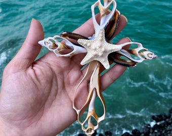 Coastal Faith Cross, Sliced Shell Mosaic Cross, Baptism Gift for Godchild, Small Beach Wall Decor, Small Seashell Cross Religious Gift