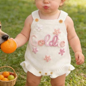 Hand Embroidered Baby Romper, Custom Name Baby Girl Romper, Personalized Birthday Outfit, Ruffle Bubble Romper, Gift for B-day