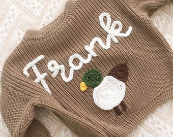 Silly Goose Sweater, Custom Knitted Baby Sweater, Infant Duck Sweater, Baby Sweater With Birds,  Newborn Gift, Personalized Gift for Baby