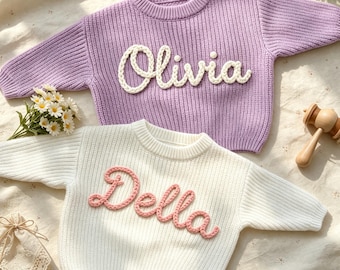 Hand Embroidery Baby Name Sweater, Custom Baby Sweater with Name, Personalized Gift for Baby Girls & Boys, Newborn Outfits, Toddler Sweater