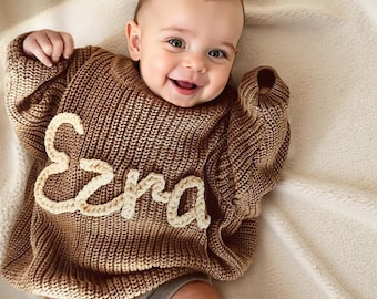 Custom Baby Name Knit Sweater, Embroidered Newborn Jumper, Coming Home Outfit, Personalized Gift for Baby Girls Boys