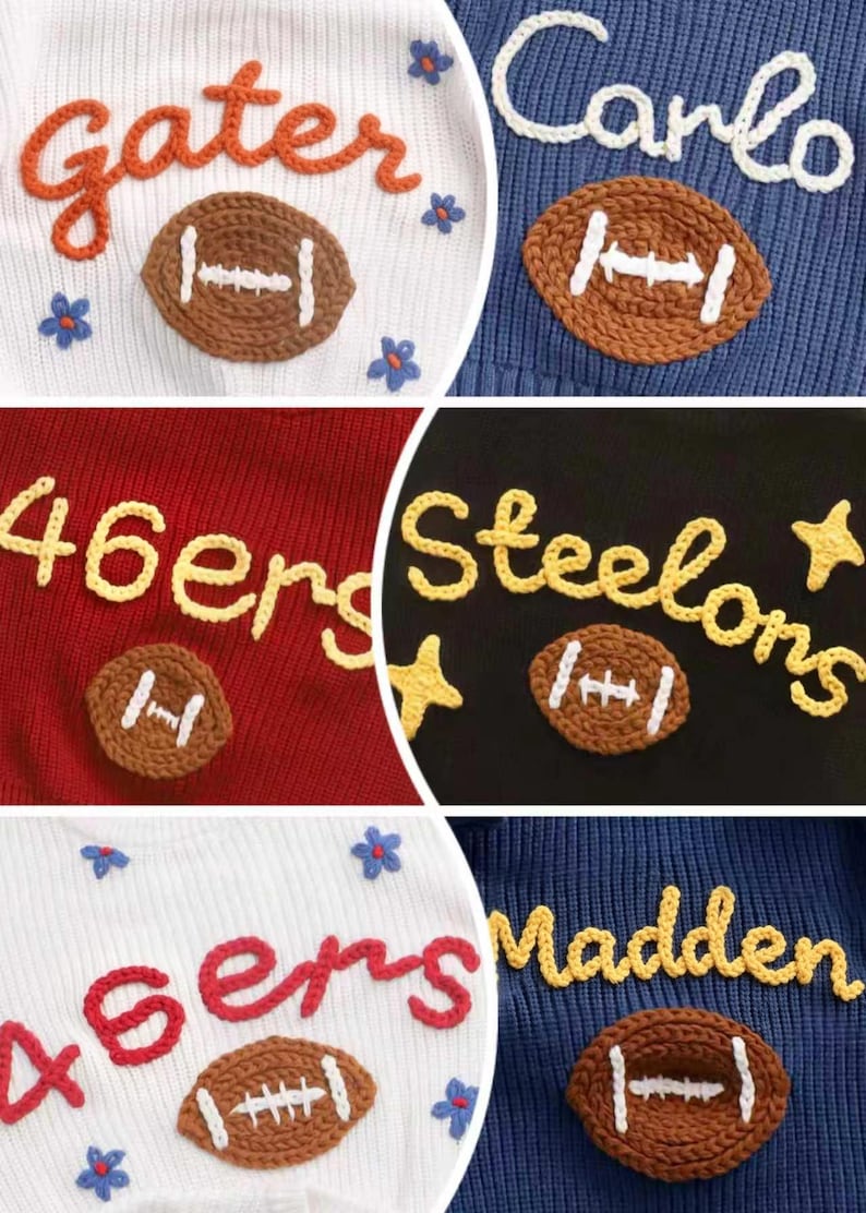 May include: A collection of knit jumpers featuring embroidered names and team-inspired text including Gater, Carlo, 46ers, Steelons, and Madden. Each jumper displays a crocheted brown football applique with white stitching and floral or star accents.
