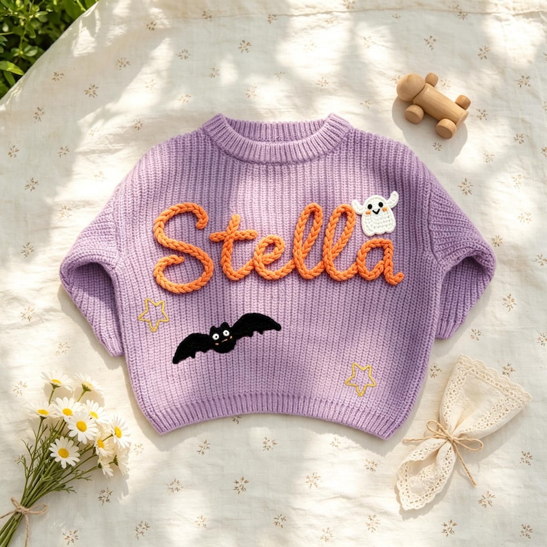 May include: A lavender long-sleeve knit sweater featuring the name Stella in raised orange yarn lettering. The sweater is decorated with a white ghost appliqu&eacute;, a black bat appliqu&eacute;, and two yellow embroidered stars on the front.