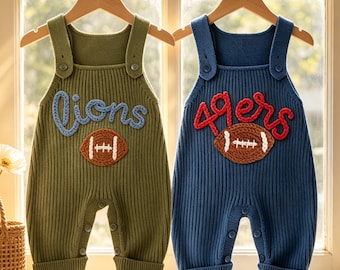Custom Name Baby Dungarees, Personalized Baby Football Romper, Knitted Baby Overalls, Game Day Outfit, Embroidered Toddler Sport Team Romper