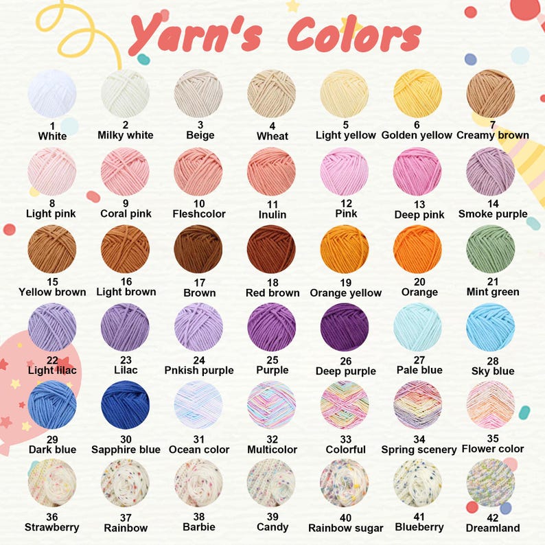 May include: A colour chart titled Yarn's Colors displaying 42 numbered yarn balls in various shades including white, pink, brown, purple, blue, and multicoloured options. Each yarn ball is labelled with its specific colour name below the image.
