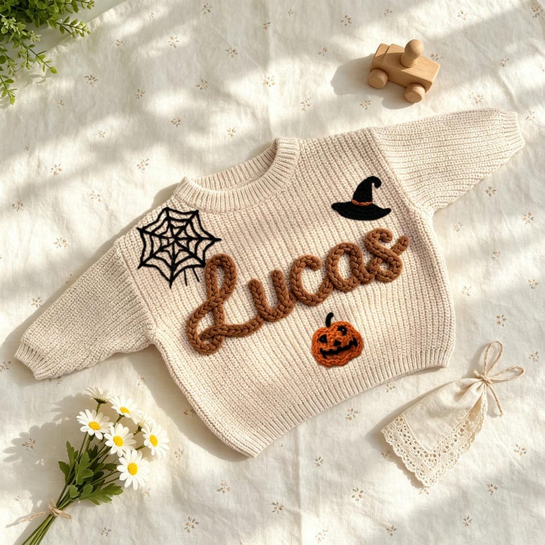 May include: A cream-colored long-sleeve knit sweater featuring the name Lucas in brown yarn, a black embroidered spider web, a black witch hat, and an orange jack-o'-lantern pumpkin patch on the front chest area of the garment.