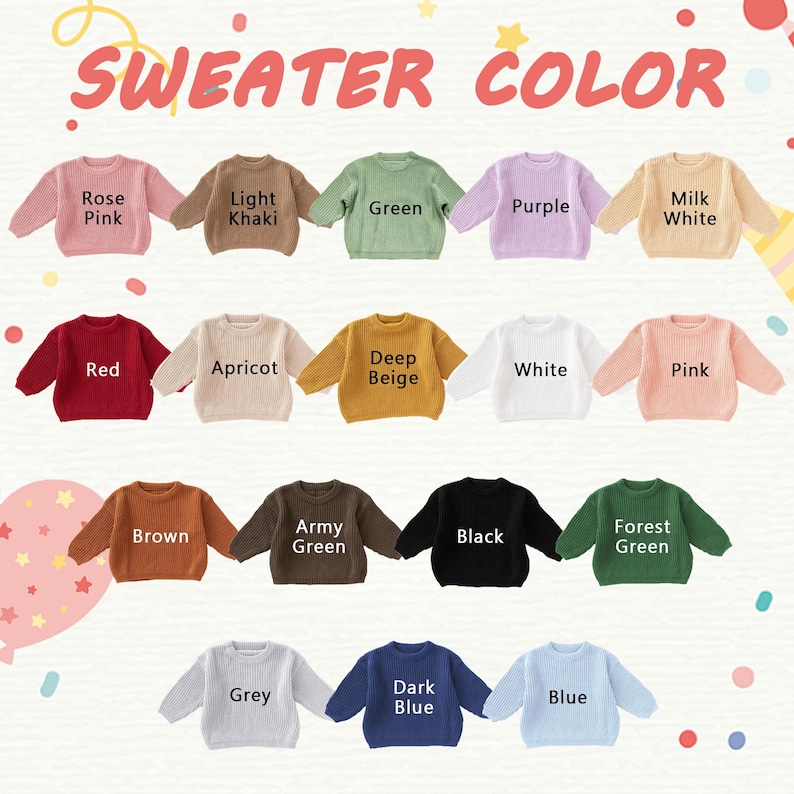 May include: A collection of seventeen long-sleeved jumpers displayed in a grid, each labelled with its colour: Rose Pink, Light Khaki, Green, Purple, Milk White, Red, Apricot, Deep Beige, White, Pink, Brown, Army Green, Black, Forest Green, Grey, Dark Blue, and Blue.