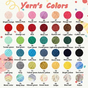 May include: A colour chart titled Yarn's Colours displaying 42 circular yarn samples arranged in a grid. Each sample is numbered from 43 to 84 and labelled with its corresponding colour name, including shades of red, green, blue, yellow, and grey.