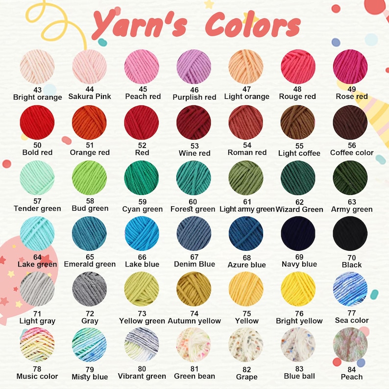 May include: A colour chart titled Yarn's Colours displaying 42 circular yarn samples arranged in a grid. Each sample is numbered from 43 to 84 and labelled with its corresponding colour name, including shades of red, green, blue, yellow, and grey.