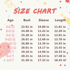 May include: A size chart for children's clothing, with measurements in inches. The chart includes age ranges from 0-3 months to 4-5 years, with bust, sleeve, and length measurements provided for each size. The title "SIZE CHART" is in a playful font.