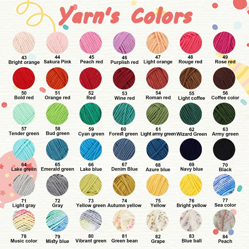 May include: A color chart titled "Yarn's Colors" displays 42 yarn color swatches. Colors range from light pastels to deep hues, including shades of red, green, blue, and yellow. Each swatch is labeled with a color name and a number.