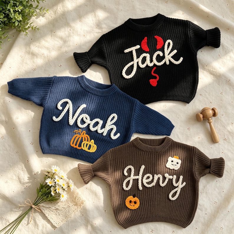 May include: Three long-sleeve knit sweaters in black, navy blue, and brown. The black sweater features the white text Jack with red devil horns and a tail. The navy sweater has the white text Noah with orange pumpkins. The brown sweater has the white text Henry with a white ghost and an orange pumpkin.