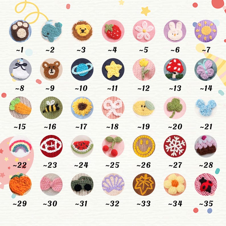 May include: A collection of 35 colorful, crocheted appliques in various shapes, including animals, flowers, and food items. Each applique is round and features intricate details, perfect for crafting projects. Numbers 1-35 are below each applique.