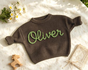 Hand Embroidered Name Baby Sweater, Custom Baby Sweater, Personalized Sweater for Baby Girls and Boys, Baby Announcement Outfit, Baby Gifts